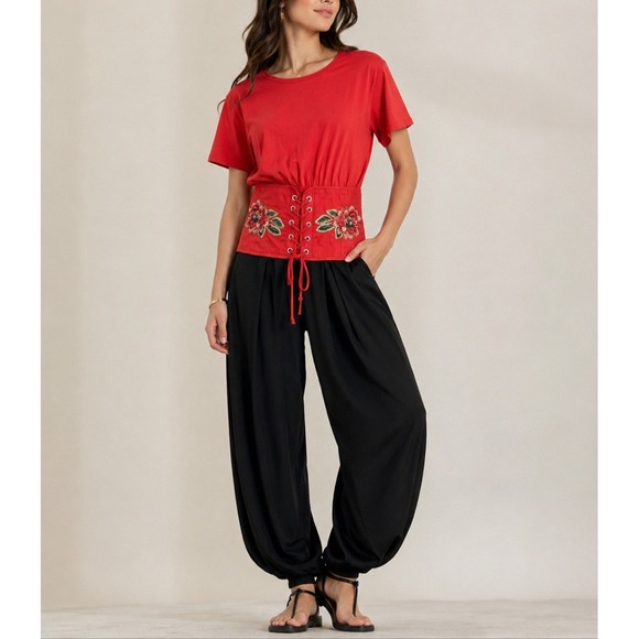 Zara Tops - Zara Red Corset Lace Up Floral Embroidered Short Sleeve Top Size M